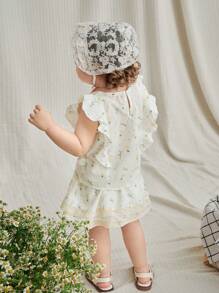 SHEIN Baby Girl Summer Vacation Ditsy Floral Lace Hem Shirt Skirt Set - White - View 2