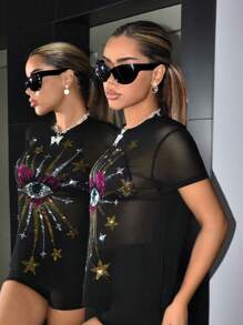 SHEIN ICON 網眼透視短袖Y2K眼睛平面T恤連衣裙音樂會黑色上衣，熱固型點飾，適用於春夏休閒風格 - 黑色 - 查看 1