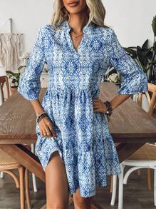 Breezaya Women's Geometric Print V-Neck Lantern Sleeve Ruffle Hem Blue Vacation Dress - Blue - View 5