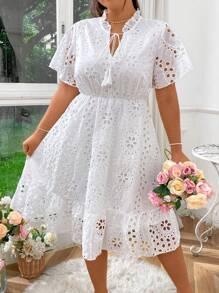 Sunnyshic Plus Size Boho Summer Short Sleeve Dress With Tie Neck, Simple Eyelet Embroidered Ruffle Hem Vacation Beach Outfits Women