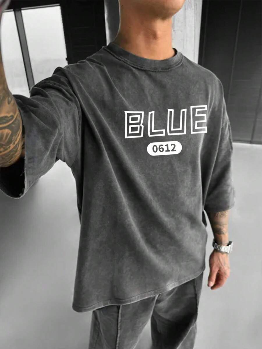 Men's Summer Letter Printed Round Neck Oversized Drop Shoulder Casual Vintage T-Shirt - Black - View 1