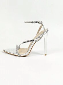 Sandalias de tacón alto plateadas y con punta elegante para mujer con correa de pedrería para fiesta - Plateado - Ver 3
