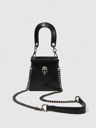 Goth Nuevas llegadas Bolso de hombro de mujer con cadena de estilo punk, bolso cruzado negro decorado con calaveras