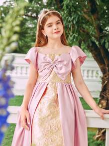 Tween Girl Front Bow Decor Satin Puff Sleeve Gold Jacquard Fabric Party Gown Dress - Multicolor - View 5