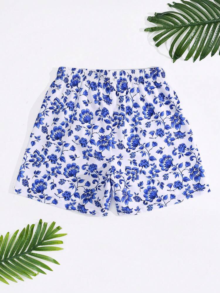 Men's Summer Holiday Floral Print Drawstring Waist Beach Shorts