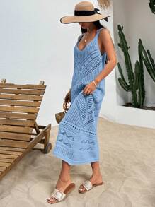 RueChic V Neck Ajour Midi Dress With Straps - Baby Blue - View 3