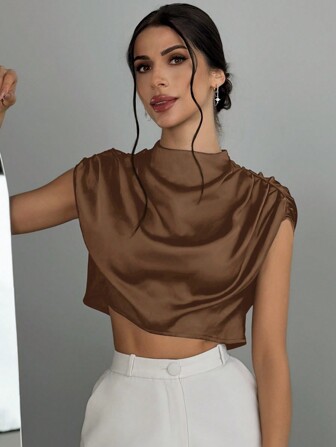 Aloruh Camisa sencilla con pliegues de unicolor para uso diario de mujer