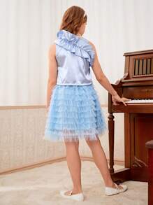 SHEIN Tween Mädchen Hellblaues ärmelloses Top mit asymmetrischem Kragen, Rüschenbesatz und Mesh-Overlay-Rock, süßes Set - Babyblau - Übersicht 2