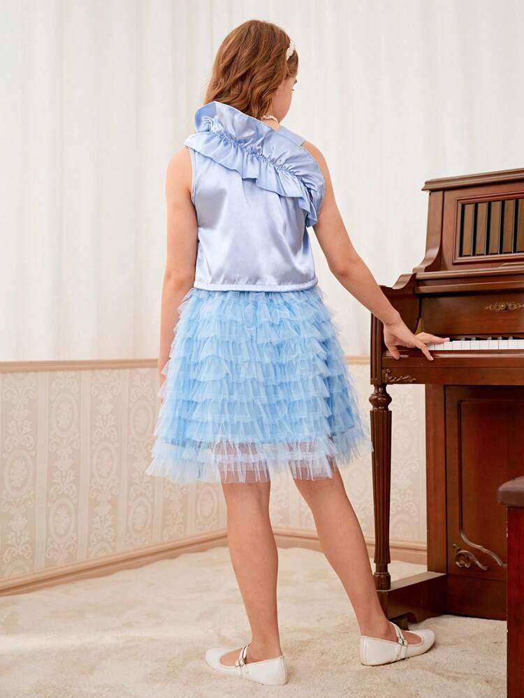 Tween Girl Light Blue Asymmetric Collar Sleeveless Top With Ruffle Trim & Mesh Overlay Skirt Cute Set