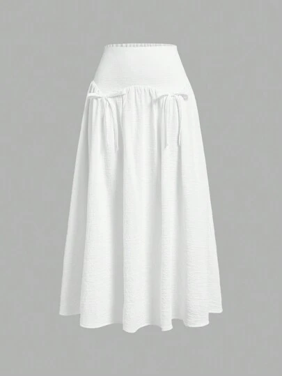 SHEIN MOD Summer White Vintage Court Style Bowknot Pleated Long Skirt