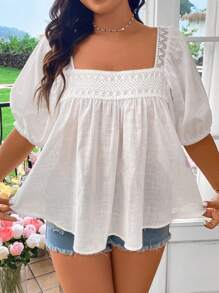 Sunnyshic Plus Size Cổ vuông trơn Đơn giản Áo sơ mi mặc hàng ngày - trắng - Xem 5