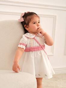 SHEIN Baby Girl Summer Sweet Color Block Embroidered Puff Sleeve Dress With Bag 2pcs/Set