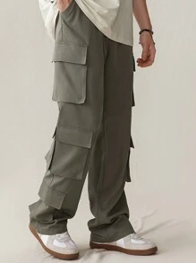 Manfinity VCAY Solid Color Woven Casual Pants With Pockets Cargo In My Era Olive Green Going Out Boyfriend Gift