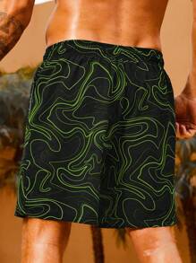 Manfinity Men's Line Printed Drawstring Casual Beach Shorts, Perfect For Holiday Outfit