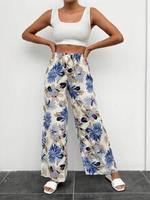 RueChic Women's Blue Floral Print  Wide Leg Pants - Blue - View 1