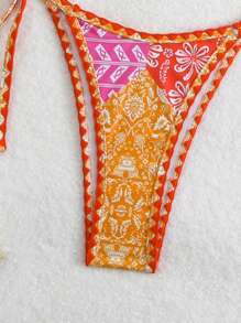 SHEIN Swim 女士假日植物印花露背性感比基尼套裝，含分體泳衣 - 彩色 - 查看 3