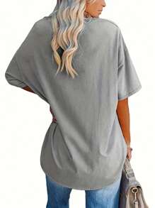 SHEIN LUNE T-shirt décontracté grande taille pour femmes d'été unicolore en couleur avec poche à col en V et manches courtes