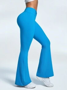 SHEIN Women's Solid Color V-Waist Slim Fit Sports Flared Pants - Blue - View 5