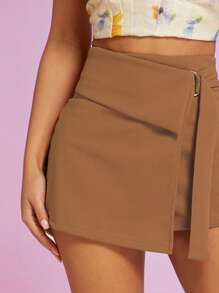 Hauture 高腰O形扣細節包覆裙短褲 - 駝色 - 查看 3