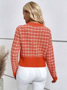SHEIN LUNE Cárdigan de mujer con botones únicos, diseño de bolsillo y cuadros, manga larga - Naranja - Ver 2