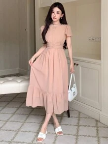 DAZY Women's Peach Pink Solid Color Dress With Keyhole Neckline,Ruffles And Pleats,Elegant Summmer Sundress For Tea Party,Prom,Birthday,New Year Eve Events - Apricot - View 4