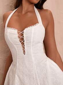 SHEIN BAE 夏季假日約會甜心露背荷葉邊蝴蝶結蓬蓬白色純色女裝連衣裙 - 白色 - 查看 9