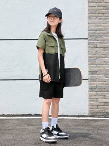 SHEIN Tween Boy Casual Raglan Sleeve Polo Shirt & Solid Color Pocket Shorts Outfit - Multicolor - View 3