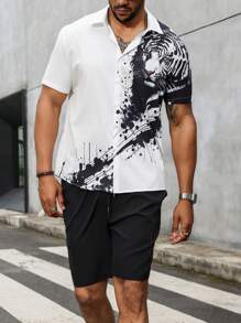 Manfinity LEGND Men's Plus Size Front Button Animal Printed Short Sleeve Shirt And Solid Color Shorts, Summer Casual 2pcs/Set