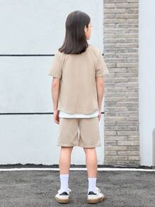 SHEIN Tween Boy Letter Patched Detail Shirt & Shorts Without Tee - Khaki - View 2