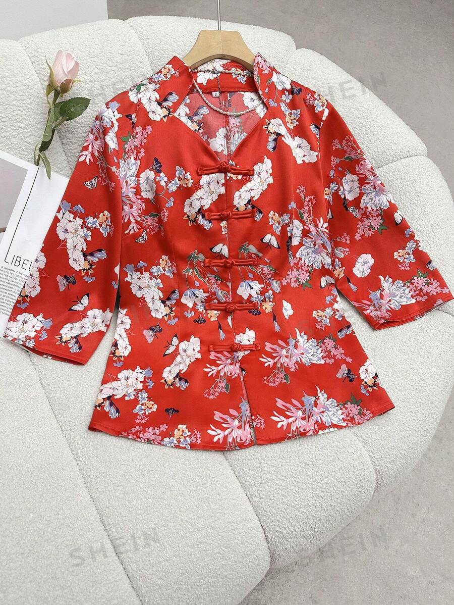 Modelyn Top tradicional china impresa con flores para uso diario, Top de traje de Tang clásico vintage para Hanfu
