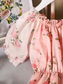 Tween Girl Digital Allover Print Full Floral Pattern Vacation Style White Top And Pants Set, 2pcs