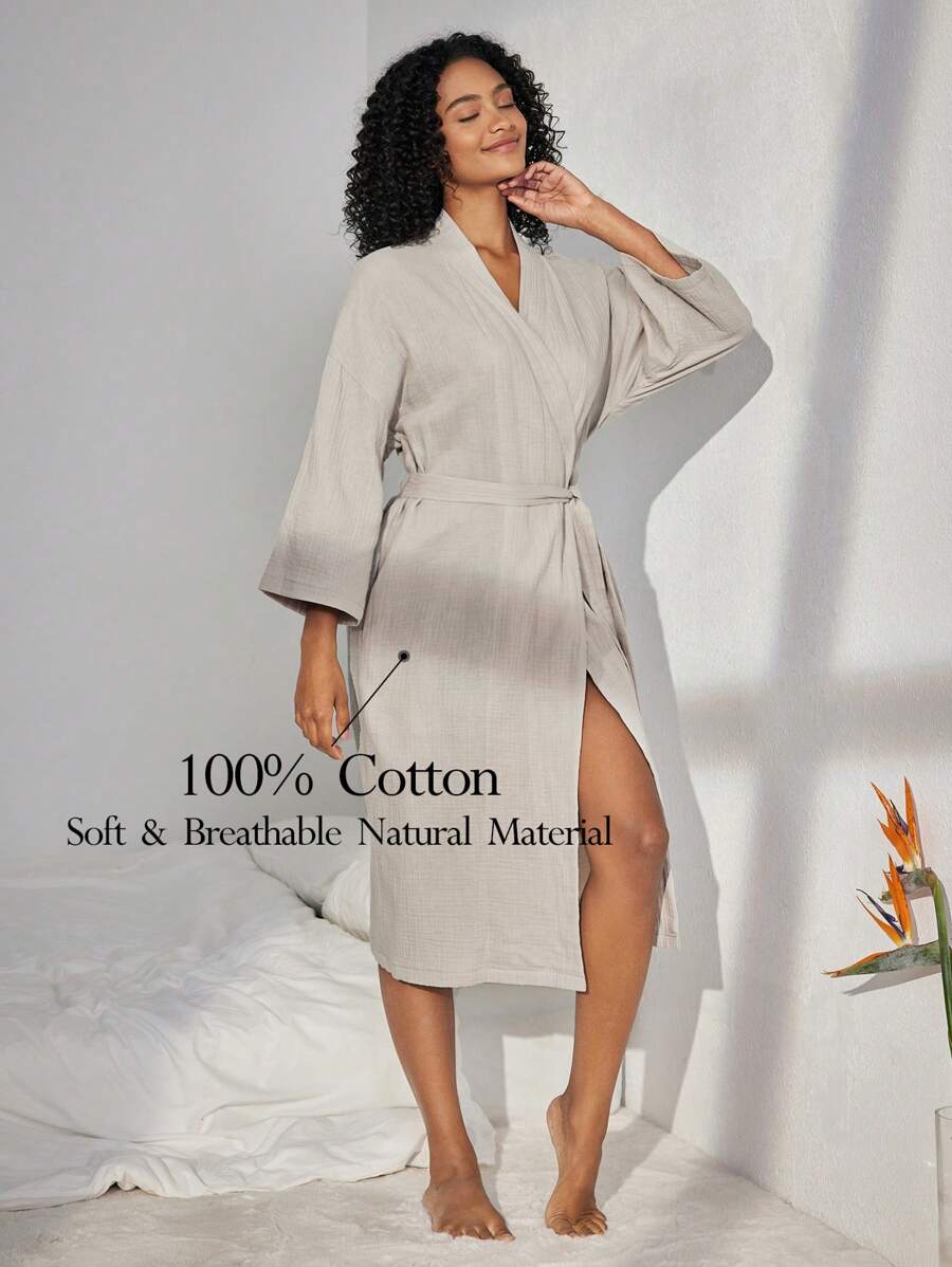 Ocili Leisure Comfy & Breathable Lightweight Crinkle Cotton Gauze Lounge Robe - Gray - Khaki - View 1