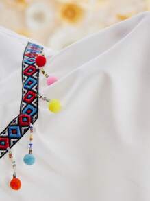 SHEIN Girls'  Summer Vacation Set: Embroidered Colorful Tassel Top + Printed Straight Pants With Crossbody Bag - Blue - View 6