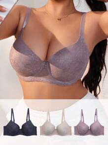 Women's Plus Size Solid Color Lace Underwire Bra Set (Pack Of 3) - Multicolor - View 3