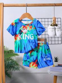 Ensemble de t-shirt à manches courtes et short pour garçons bébés, style décontracté et streetwear avec impression KING en Tie-dye - Multicolore - Voir 1