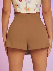 Hauture 高腰O形扣細節包覆裙短褲 - 駝色 - 查看 2
