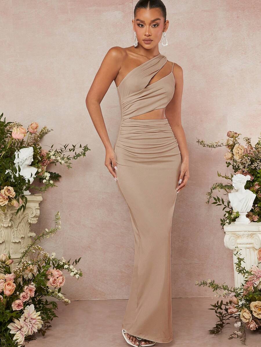 L'Amorae One Shoulder Cut Out Ruched Dress - Khaki - View 1