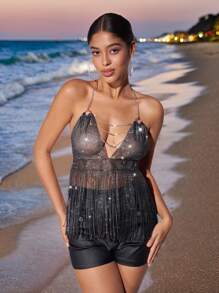 Zolique 女款鑲鑽修飾、中空設計、流蘇下擺、鏈帶頸掛背心上衣，適合夜總會 - 黑色 - 查看 1