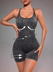 Slayform 女士扎染後背交叉空心瑜伽連體褲 - 灰色 - 查看 3