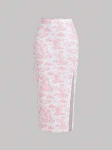 SHEIN MOD 女士复古宫廷蓝白花卉印花鱼骨条短款上衣和裙子婚礼两件套 - 粉色 - 查看 3