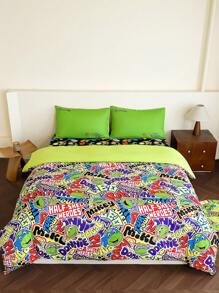 TEENAGE MUTANT NINJA TURTLES | SHEIN Cartoon And Letter Printed Green Duvet Cover Set - Baby Blue - View 1