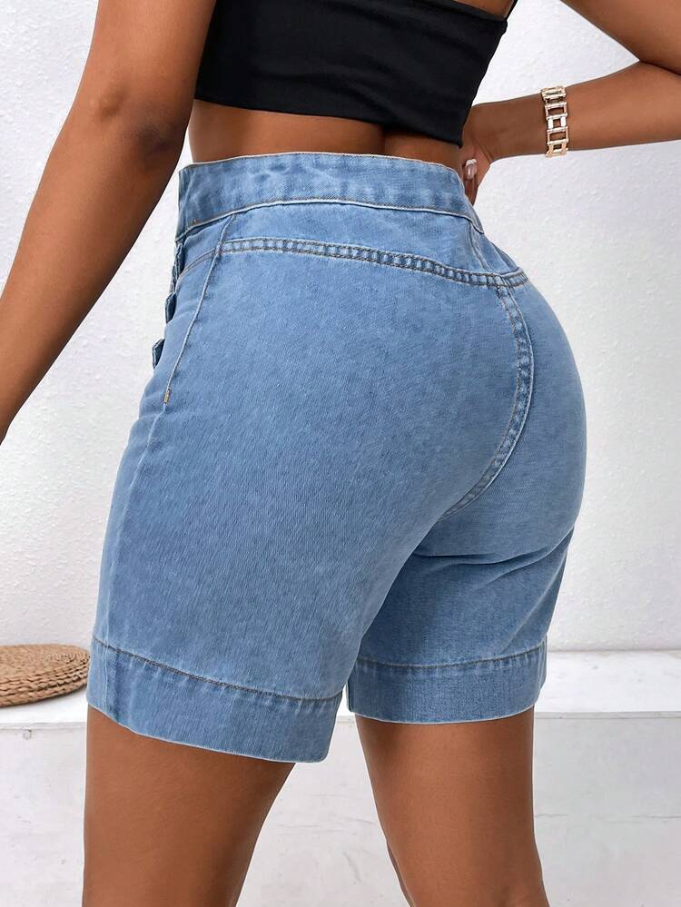 Ladies' Casual Denim Shorts With Button Fly And Eyelet Buckle On Waist