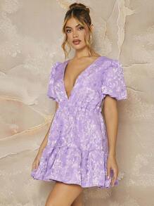 L'Amorae Floral Jacquard Puff Sleeve Backless Mini Dress For Summer - Purple - View 2