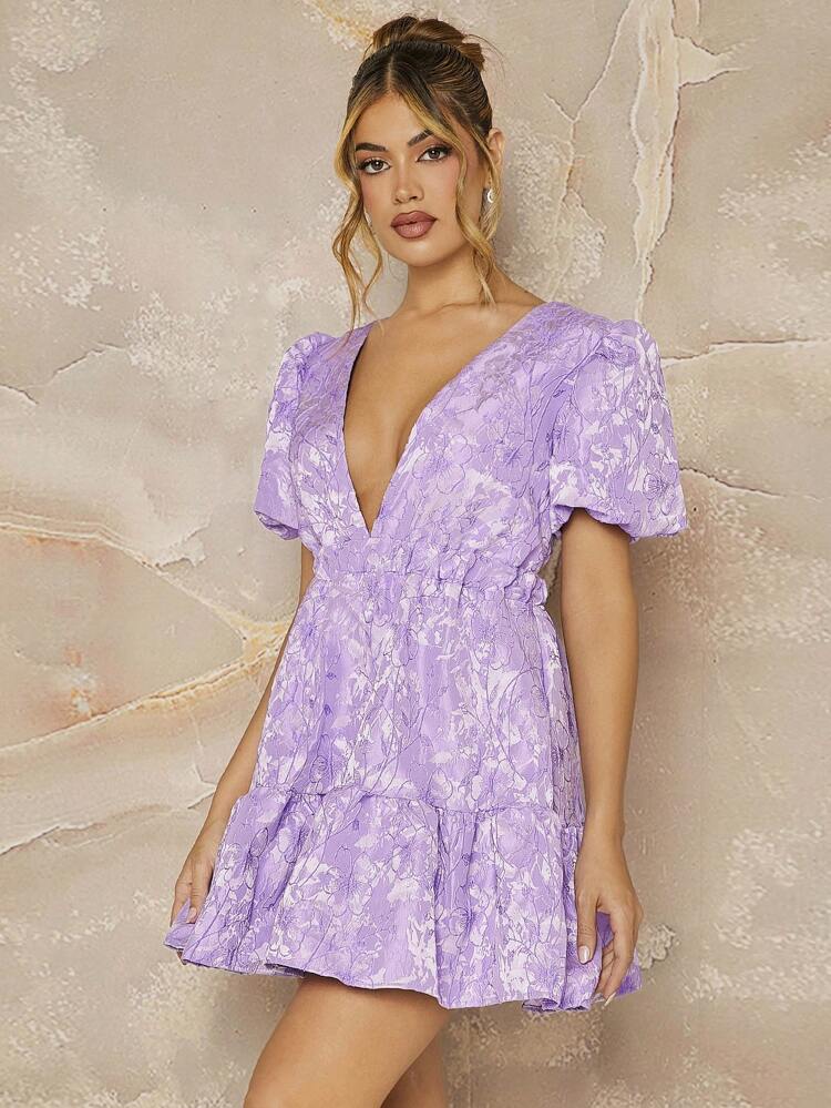 Floral Jacquard Puff Sleeve Backless Mini Dress For Summer