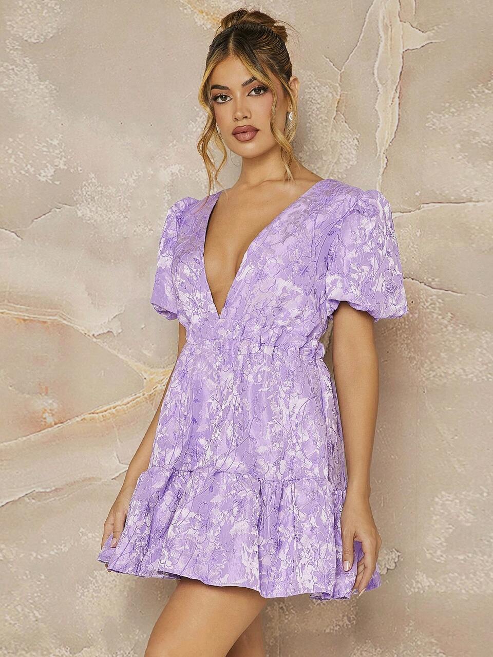 Floral Jacquard Puff Sleeve Backless Mini Dress For Summer