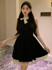 DAZY 女士网纱撞色返校礼服，带蝴蝶结装饰，新年夏日连衣裙，正式女士礼服，舞会礼服，优雅女士连衣裙