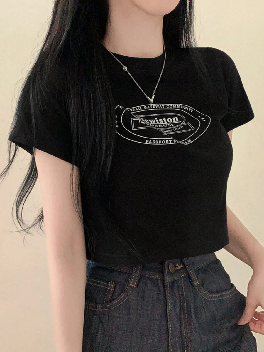 DAZY 女式夏季口号印花圆领短袖休闲T恤、女式短款上衣、图案T恤