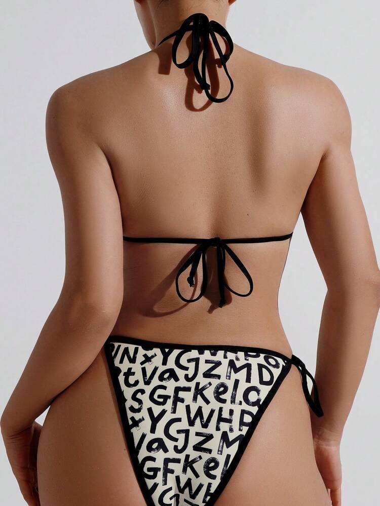 Summer Women's Vacation Letter Print Halter Neck Tie Sexy Bikini Set, 2 Pieces