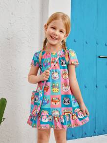 SHEIN 小女童卡通圖案荷葉邊連衣裙和配件包 - 彩色 - 查看 4