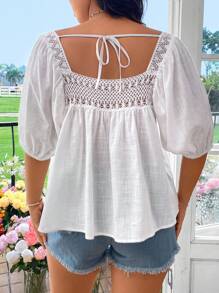 Sunnyshic Plus Size Cổ vuông trơn Đơn giản Áo sơ mi mặc hàng ngày - trắng - Xem 7